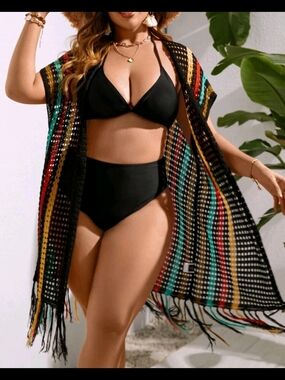 Plus Striped Pattern Fringe Hem Kimono